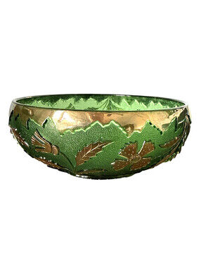 Vintage U.S. Glass Emerald Green Pressed Glass Serving Bowl with Gold Accents